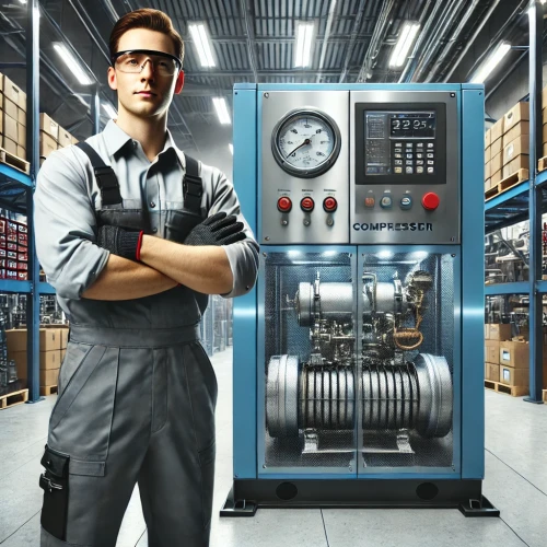 DALL·E 2024-11-16 19.56.12 - Highly realistic scene of a service technician standing confidently in front of a large, closed industrial screw compressor. The compressor has a robu.webp