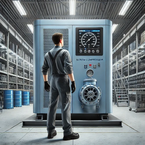 DALL·E 2024-11-16 19.55.43 - Ultra-realistic image of a professional serviceman standing in front of a large, closed industrial screw compressor with a sleek blue rectangular casi.webp
