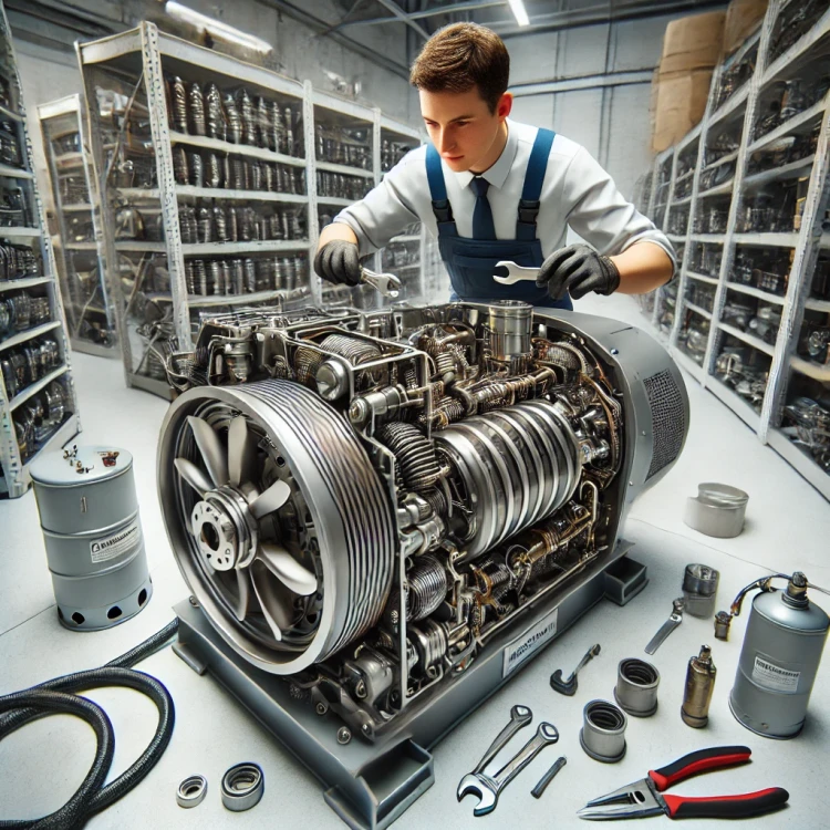 DALL·E 2024-11-16 19.54.43 - Ultra-realistic image of a professional serviceman working on an industrial screw compressor with accurate internal details. The screw compressor is o.webp